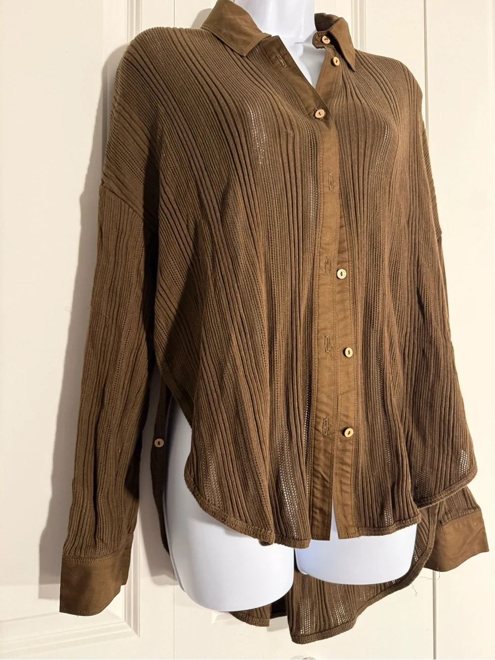 Free People Brown Ribbed Semi-Sheer Button-Down Shirt